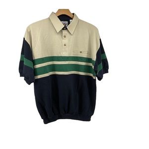 VTG LD Sport Mens XL Polo Shirt Blue With Green‎ Stripe Pocket